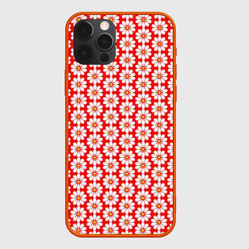 Чехол iPhone 12 Pro Max Белые ромашки на красном / 3D-Красный – фото 1