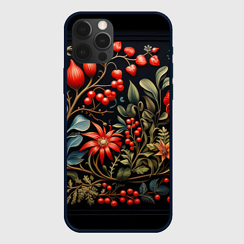 Чехол iPhone 12 Pro Max Новогодние ягоды и цветы / 3D-Черный – фото 1