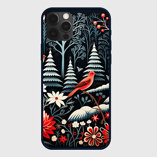 Чехол iPhone 12 Pro Max Новогодний лес и птицы / 3D-Черный – фото 1