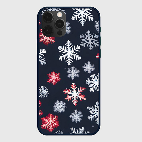 Чехол iPhone 12 Pro Max Снежинки белые и красные / 3D-Черный – фото 1