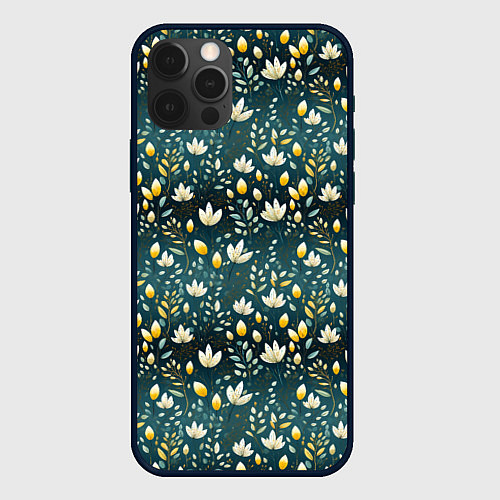Чехол iPhone 12 Pro Max Цветочки на зеленом поле паттерн / 3D-Черный – фото 1