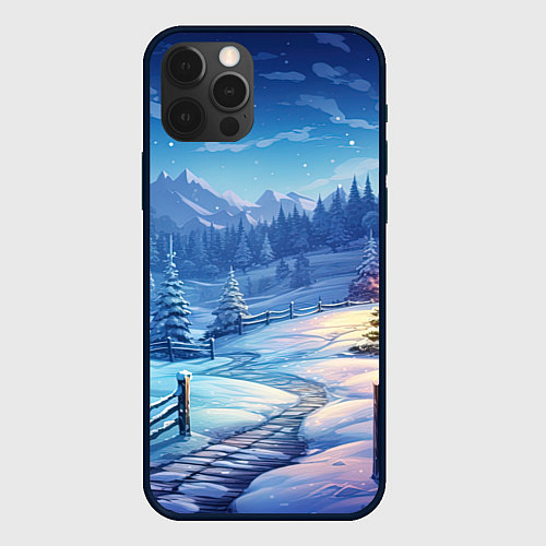 Чехол iPhone 12 Pro Max Новогодний пейзаж и горы / 3D-Черный – фото 1