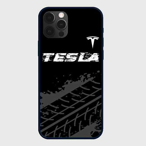 Чехол iPhone 12 Pro Max Tesla speed на темном фоне со следами шин посереди / 3D-Черный – фото 1