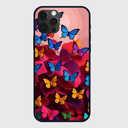 Чехол для iPhone 12 Pro Max Разноцветные бабочки - розовые цветы, цвет: 3D-черный