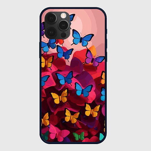 Чехол iPhone 12 Pro Max Разноцветные бабочки - розовые цветы / 3D-Черный – фото 1