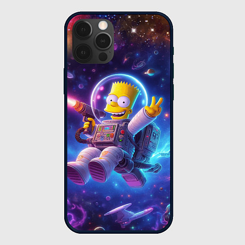 Чехол iPhone 12 Pro Max Барт Симпсон с лазерным пистолетом в космосе / 3D-Черный – фото 1