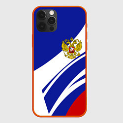 Чехол iPhone 12 Pro Max Герб России на абстрактных полосах