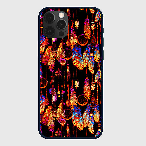 Чехол iPhone 12 Pro Max Ловцы снов с яркими перьями / 3D-Черный – фото 1