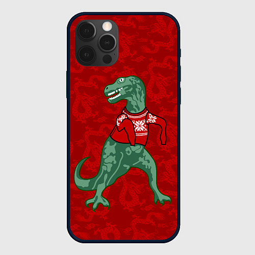 Чехол iPhone 12 Pro Max Динозавр в свитере - новогодние драконы / 3D-Черный – фото 1