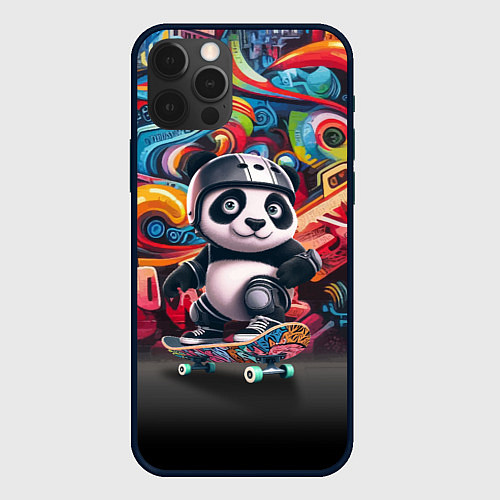Чехол iPhone 12 Pro Max Панда - крутой скейтбордист на фоне граффити / 3D-Черный – фото 1