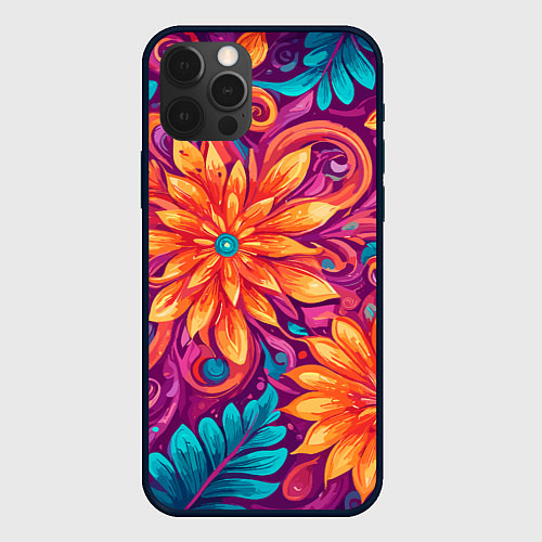 Чехол iPhone 12 Pro Max Цветы и листья узор / 3D-Черный – фото 1