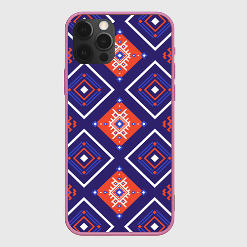 Чехол iPhone 12 Pro Max Этнические ромбы в контрасте / 3D-Малиновый – фото 1