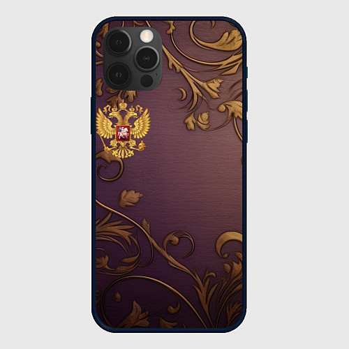 Чехол iPhone 12 Pro Max Герб России золотой на фиолетовом фоне / 3D-Черный – фото 1