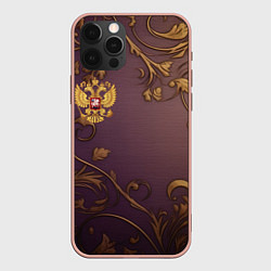 Чехол iPhone 12 Pro Max Герб России золотой на фиолетовом фоне