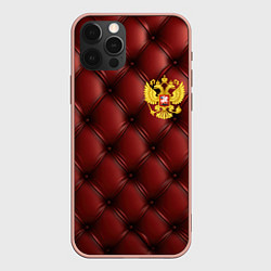 Чехол iPhone 12 Pro Max Золотой герб России на красном кожаном фоне