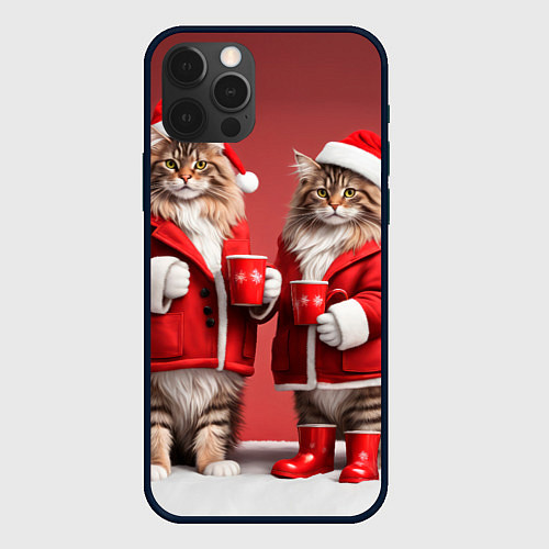 Чехол iPhone 12 Pro Max С новым котом - два кота в костюмах Санты / 3D-Черный – фото 1