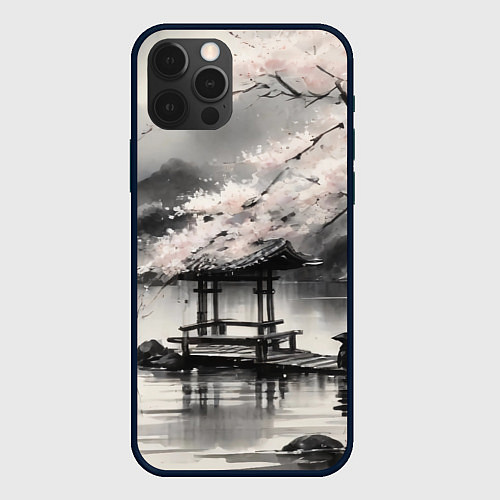 Чехол iPhone 12 Pro Max Пейзаж японское озеро / 3D-Черный – фото 1