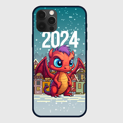 Чехол iPhone 12 Pro Max Дракоша на фоне домиков / 3D-Черный – фото 1