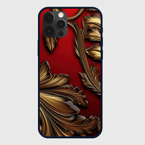 Чехол iPhone 12 Pro Max Золотые объемные листья на красном фоне / 3D-Черный – фото 1