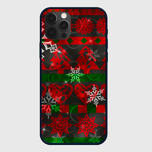 Чехол iPhone 12 Pro Max Рождественские узоры ёлки и снежинки / 3D-Черный – фото 1