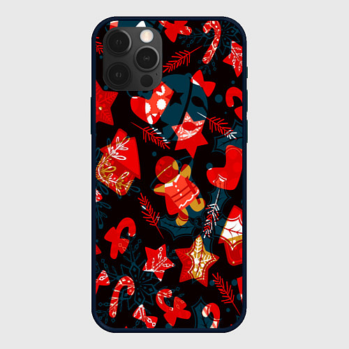 Чехол iPhone 12 Pro Max Рождественские узоры красные / 3D-Черный – фото 1