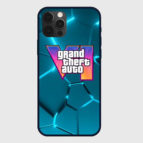 Чехол iPhone 12 Pro Max GTA 6 лого на фоне разлома голубых плит / 3D-Черный – фото 1