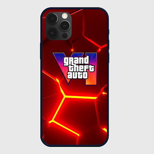 Чехол iPhone 12 Pro Max GTA 6 лого на фоне разлома красных плит / 3D-Черный – фото 1