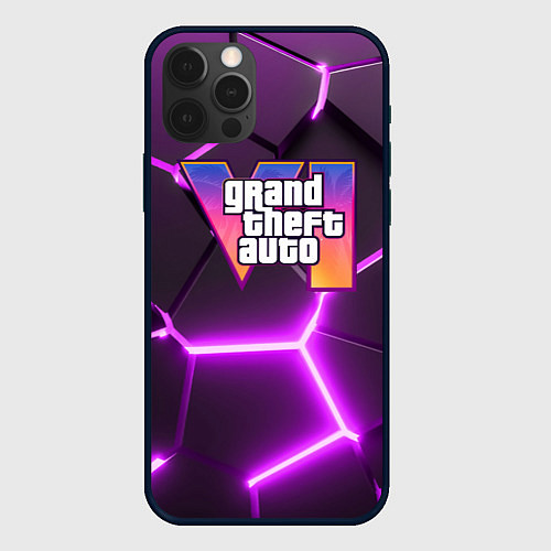 Чехол iPhone 12 Pro Max GTA 6 лого на фоне разлома фиолетовых плит / 3D-Черный – фото 1