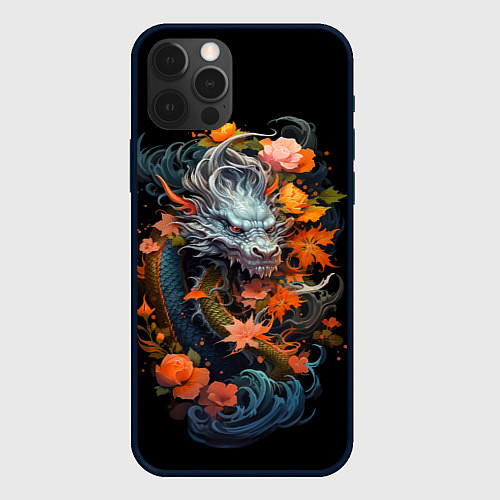 Чехол iPhone 12 Pro Max Китайский дракон с цветами и волнами / 3D-Черный – фото 1