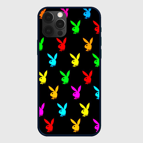 Чехол iPhone 12 Pro Max Playboy pattern неон / 3D-Черный – фото 1