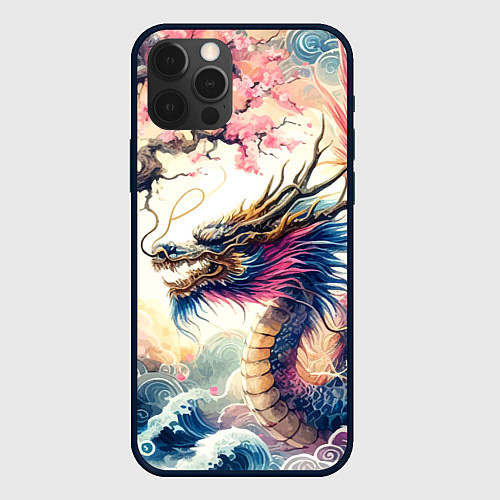 Чехол iPhone 12 Pro Max Japanese dragon and sakura - engraving / 3D-Черный – фото 1