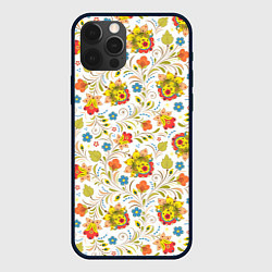 Чехол для iPhone 12 Pro Max Хохломская роспись разноцветные цветы на белом фон, цвет: 3D-черный