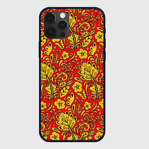 Чехол iPhone 12 Pro Max Хохломская роспись золотистые цветы на красном фон / 3D-Черный – фото 1