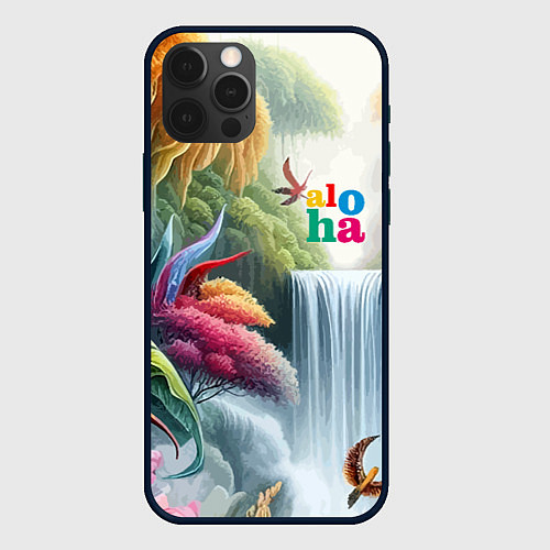 Чехол iPhone 12 Pro Max Водопад в тропическом лесу - алоха / 3D-Черный – фото 1