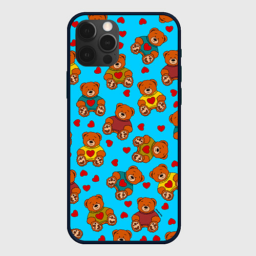 Чехол iPhone 12 Pro Max Мишки в цветных свитерах и сердечки / 3D-Черный – фото 1