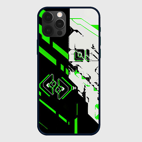 Чехол iPhone 12 Pro Max Зелёные и чёрные техно линии / 3D-Черный – фото 1