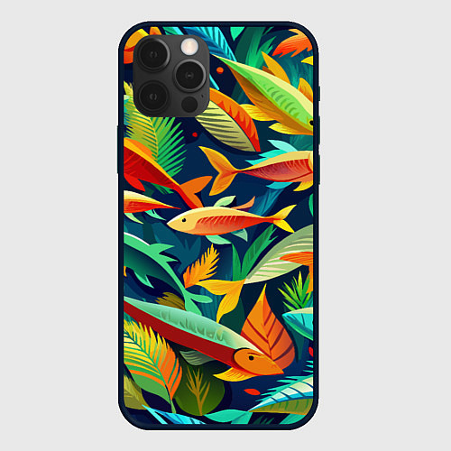 Чехол iPhone 12 Pro Max Стая пестрых рыбок паттерн / 3D-Черный – фото 1