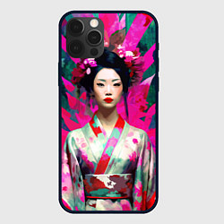 Чехол iPhone 12 Pro Max Сад сакуры - гейша в традиционном японском кимоно