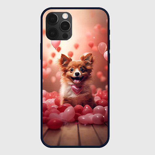 Чехол iPhone 12 Pro Max Маленькая собачка в сердечках / 3D-Черный – фото 1