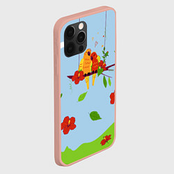 Чехол для iPhone 12 Pro Max Пара влюбленных попугаев на ветке с гибискусами, цвет: 3D-светло-розовый — фото 2