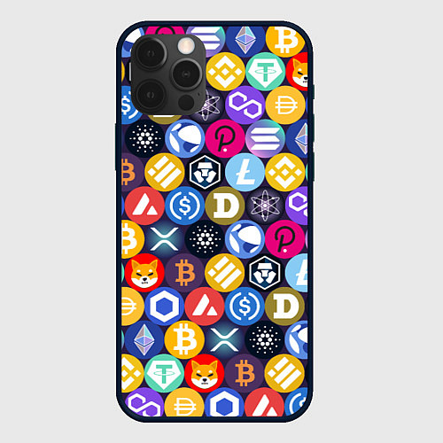 Чехол iPhone 12 Pro Max Криптовалюта Биткоин, Эфириум, Тетхер, Солана патт / 3D-Черный – фото 1