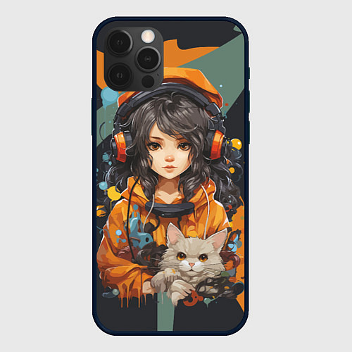 Чехол iPhone 12 Pro Max Красивая девочка-аниме с котенком / 3D-Черный – фото 1