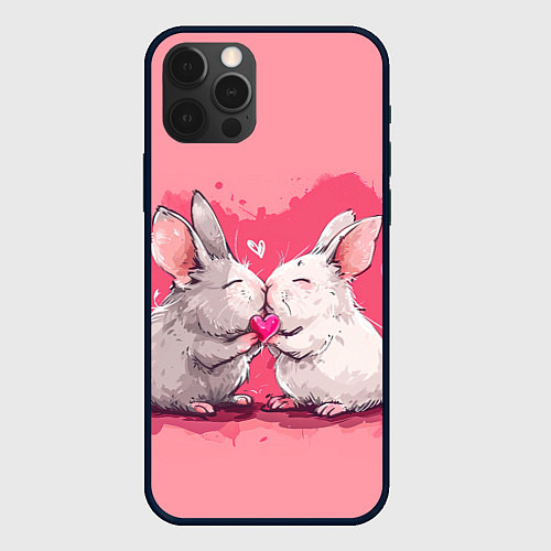 Чехол iPhone 12 Pro Max Милые влюбленные кролики / 3D-Черный – фото 1