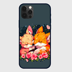 Чехол для iPhone 12 Pro Max Милые лисички в цветах, цвет: 3D-черный