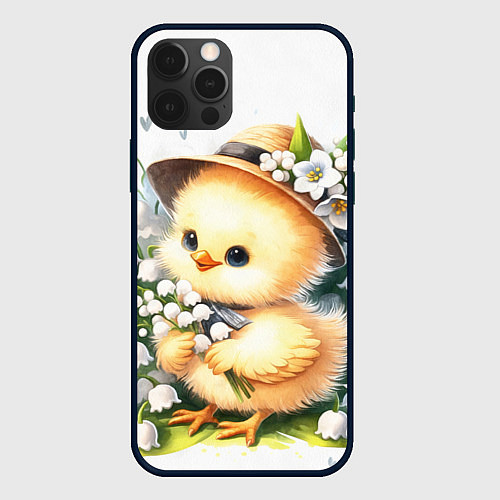 Чехол iPhone 12 Pro Max Мультяшный цыпленок с цветами ландыша / 3D-Черный – фото 1