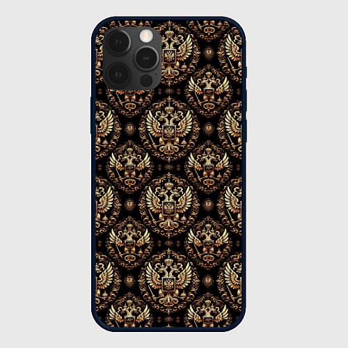 Чехол iPhone 12 Pro Max Золотой герб России паттерн / 3D-Черный – фото 1