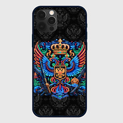 Чехол iPhone 12 Pro Max Герб России неоновый стиль
