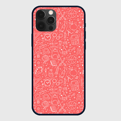Чехол iPhone 12 Pro Max Школьный розовый паттерн / 3D-Черный – фото 1