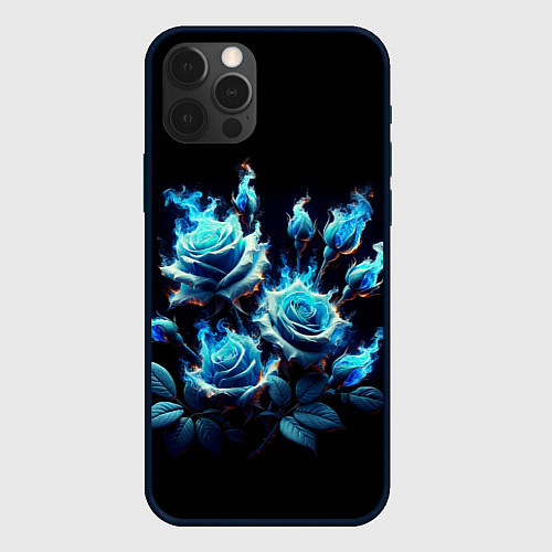 Чехол iPhone 12 Pro Max Розы в голубом огне / 3D-Черный – фото 1
