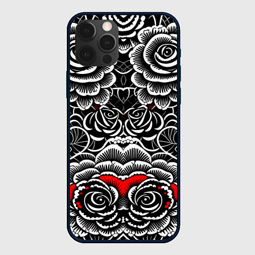 Чехол iPhone 12 Pro Max Серые паттерны цветы / 3D-Черный – фото 1
